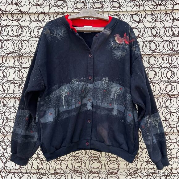 VTG Moody Winter Trees Woods Cardinal Christmas sweatshirt Cardigan READ L/XL - Picture 1 of 7